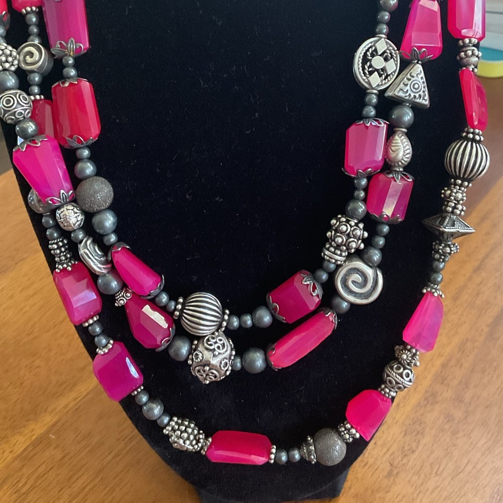 Vintage Lab Ruby Three Strand Statement Necklace - image 3